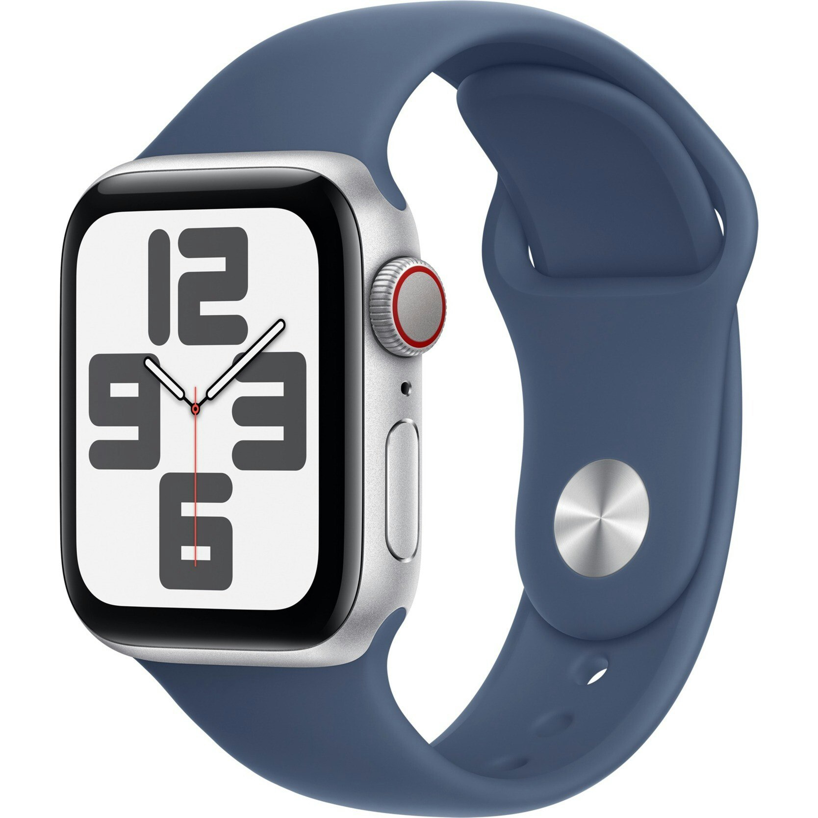 Apple Watch SE, Smartwatch (silver, aluminum, 40 mm, sports strap Denim M/L, cellular)