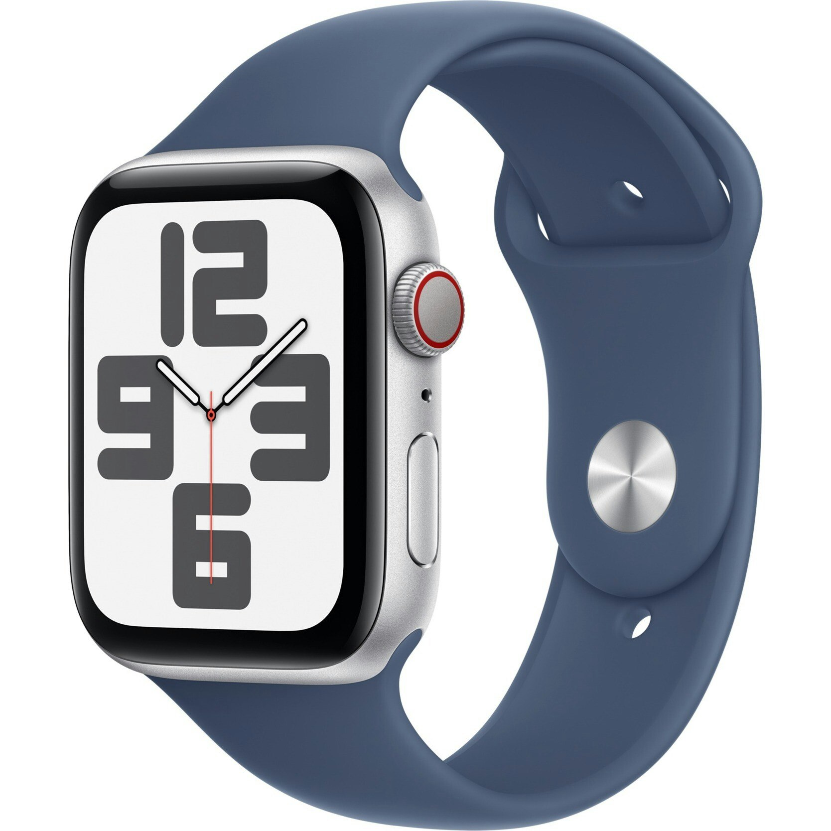 Apple Watch SE, Smartwatch (silver, aluminum, 44 mm, sports strap Denim S/M, cellular)