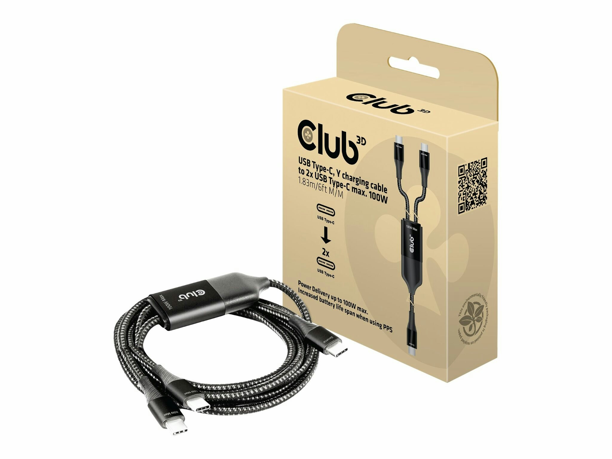 Club 3D CAC-1527 USB-C Y kabel 1.83m 100W Svart
