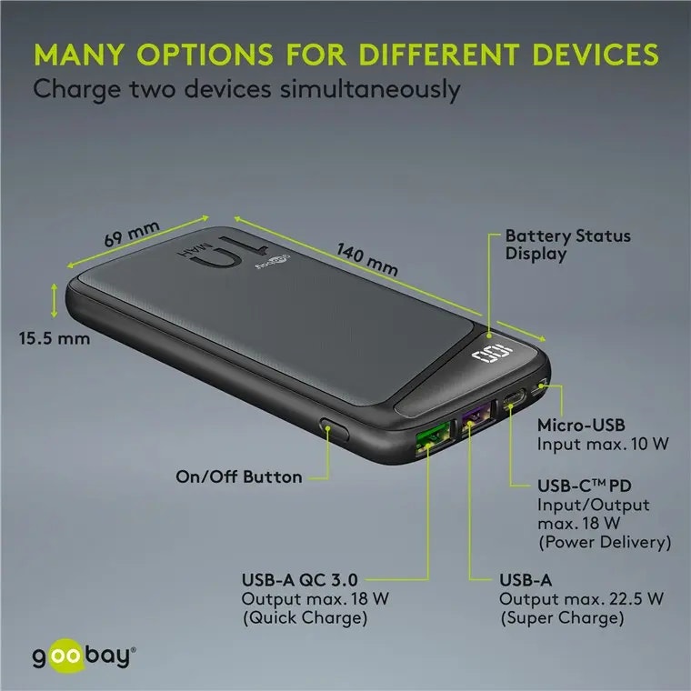 Goobay snabbladdande PowerBank 10.000mAh med USB-C PD 18W QC 3.0