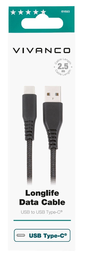 Vivanco Longlife USB-C/USB-A 2.0 kabel 2.5m Svart