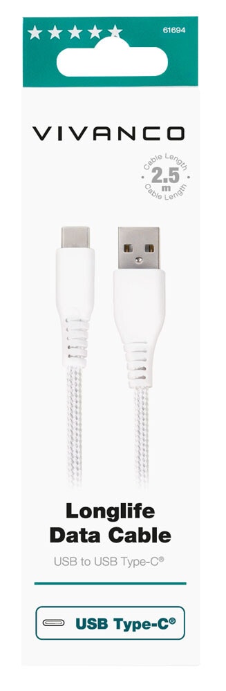 Vivanco Longlife USB-C/USB-A 2.0 kabel 2.5m Vit