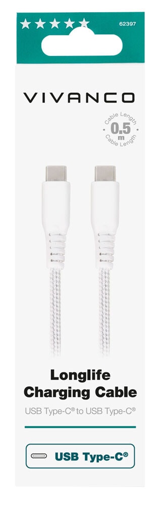 Vivanco Longlife USB-C/USB-C 2.0 kabel 0.5m Vit