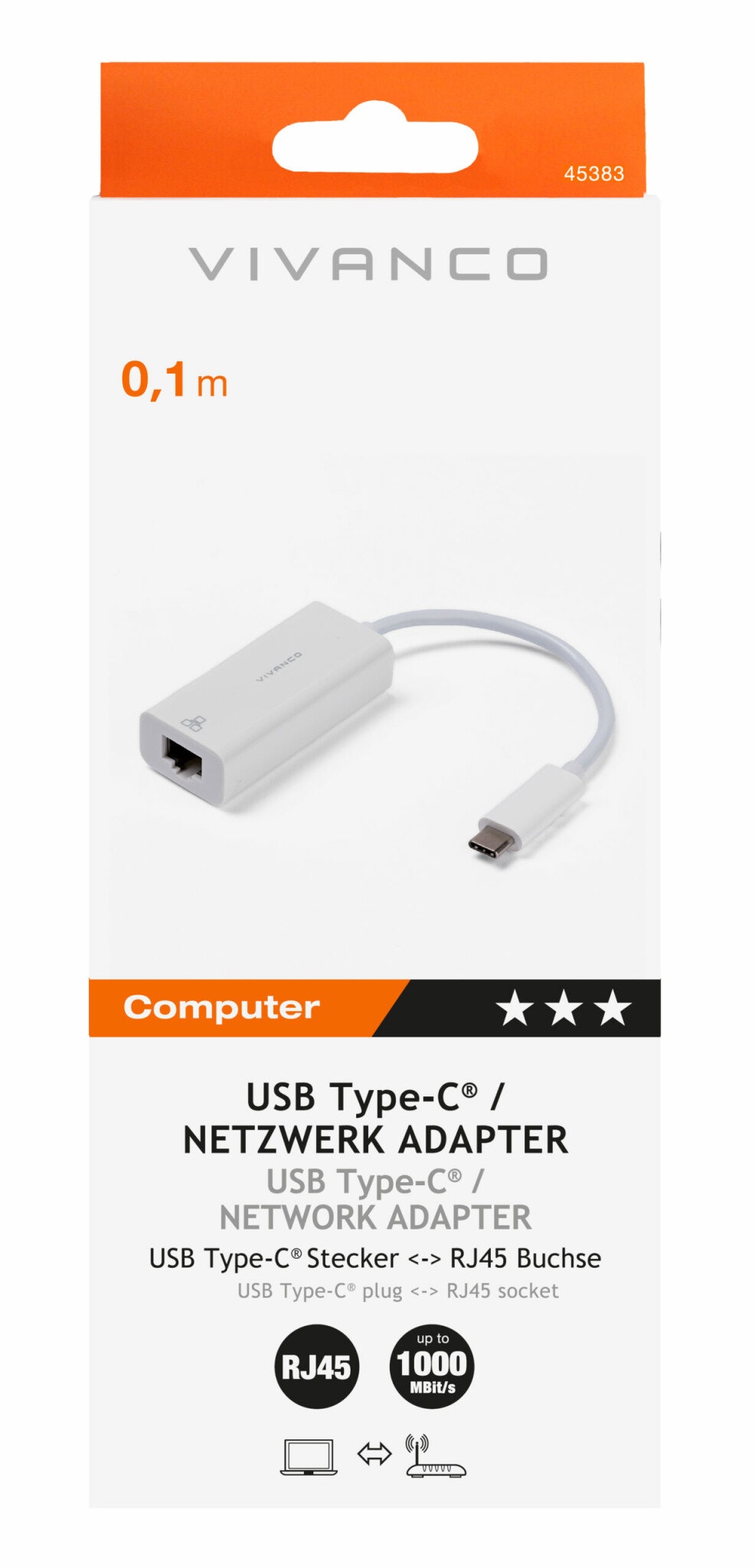 Vivanco USB-C <-> RJ45 1000Mbps network adapter 0,1m White