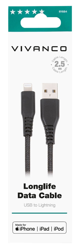 Vivanco Longlife Lightning kabel MFI 2.5m Svart