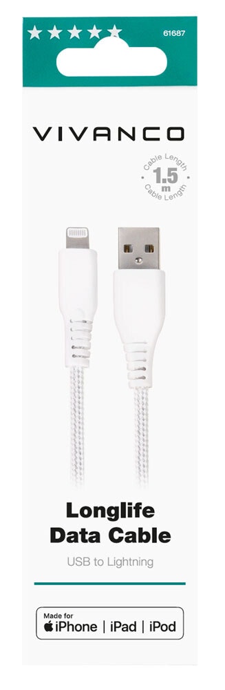 Vivanco Longlife Lightning kabel MFI 1.5m Vit