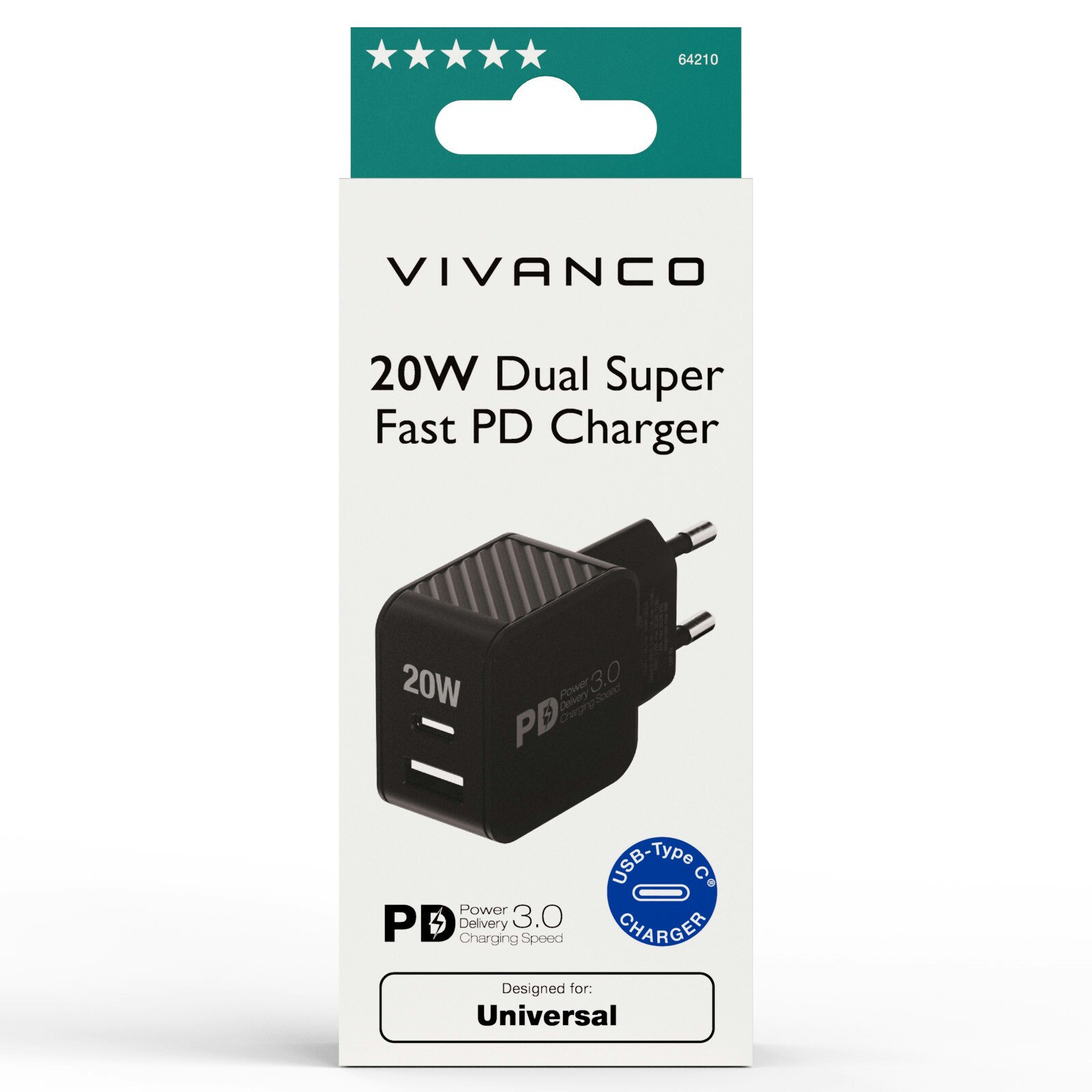 Vivanco Snabb 1xUSB-C PD / USB-A Hemladdare 20W Svart