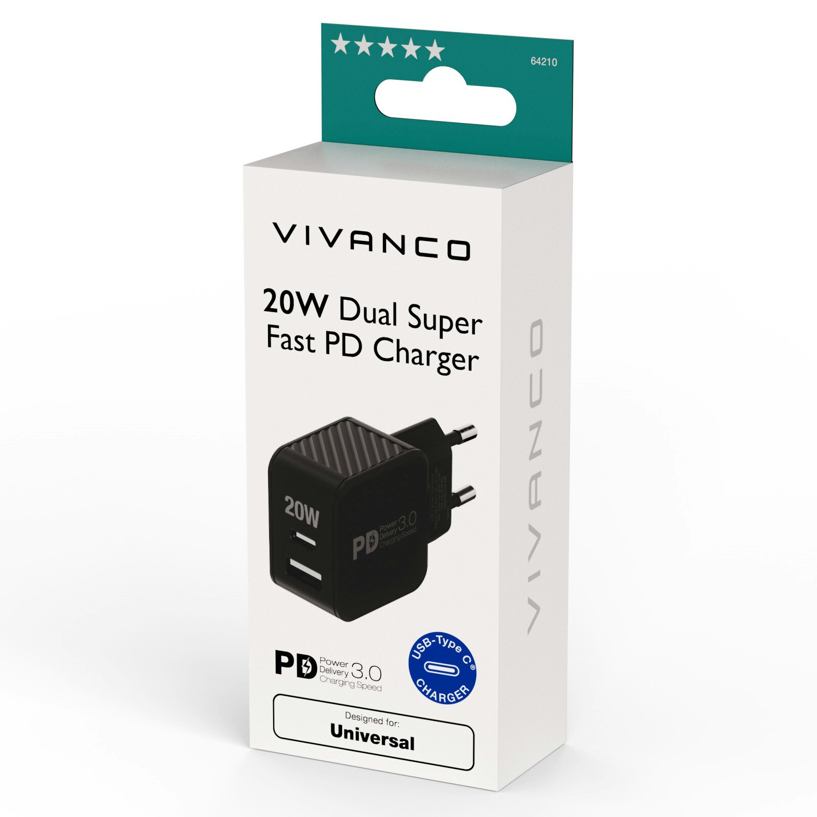 Vivanco Snabb 1xUSB-C PD / USB-A Hemladdare 20W Svart