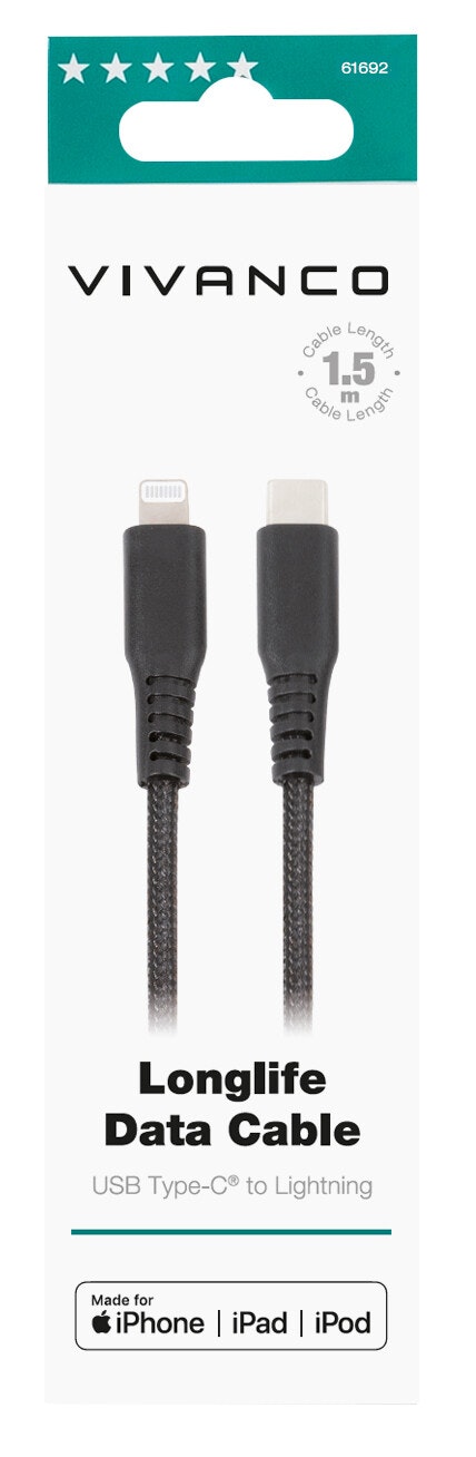 Vivanco Longlife USB-C/Lightning kabel MFI 1.5m Svart