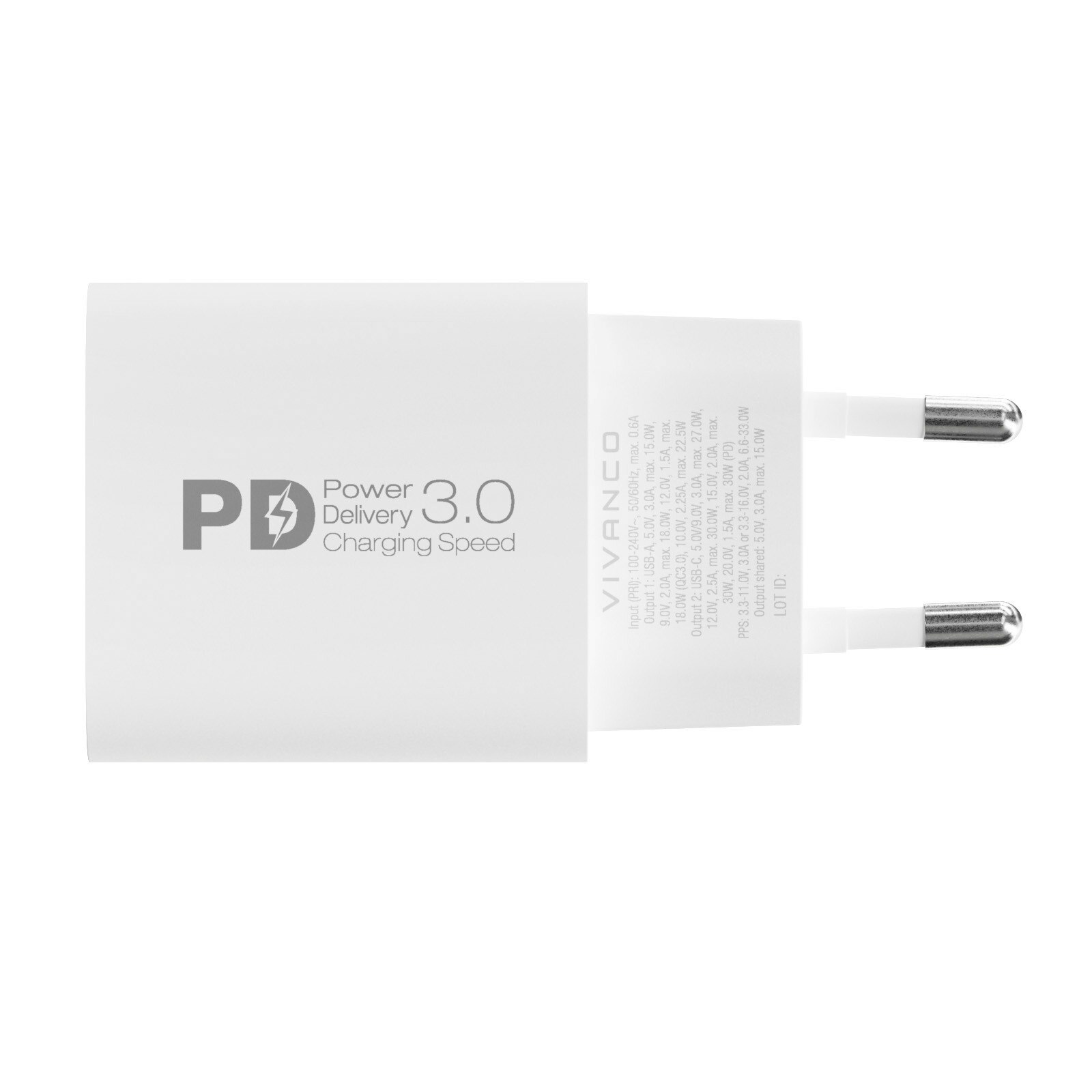 Vivanco Snabb GaN 30W 1xUSB-C PD / USB-A Hemladdare Vit