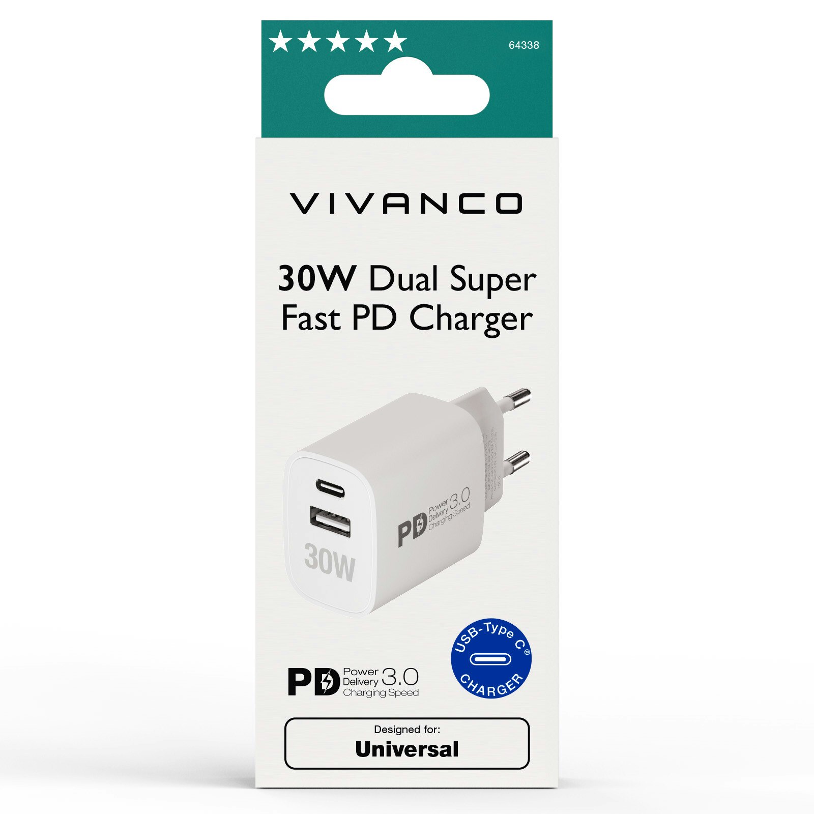 Vivanco Snabb GaN 30W 1xUSB-C PD / USB-A Hemladdare Vit
