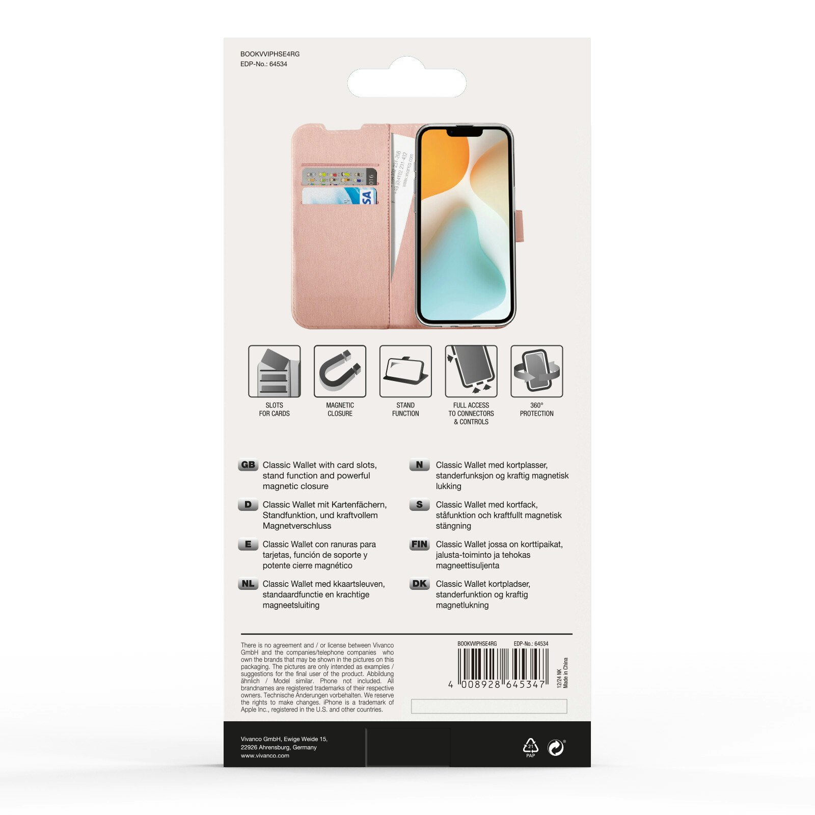 Vivanco Classic Plånboksfodral Apple iPhone 16e Rosa Guld