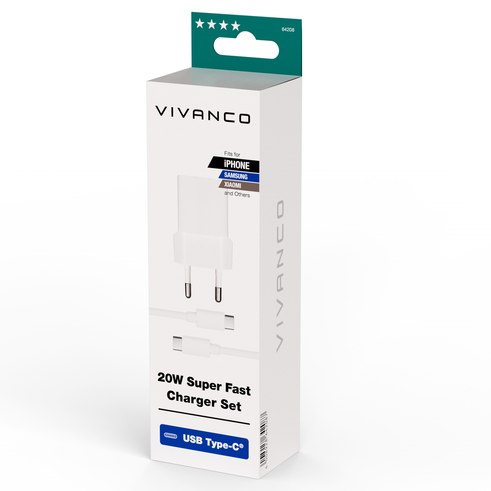 Vivanco Snabb USB-C 20W Hemladdare + USB-C kabel 1.2m Vit