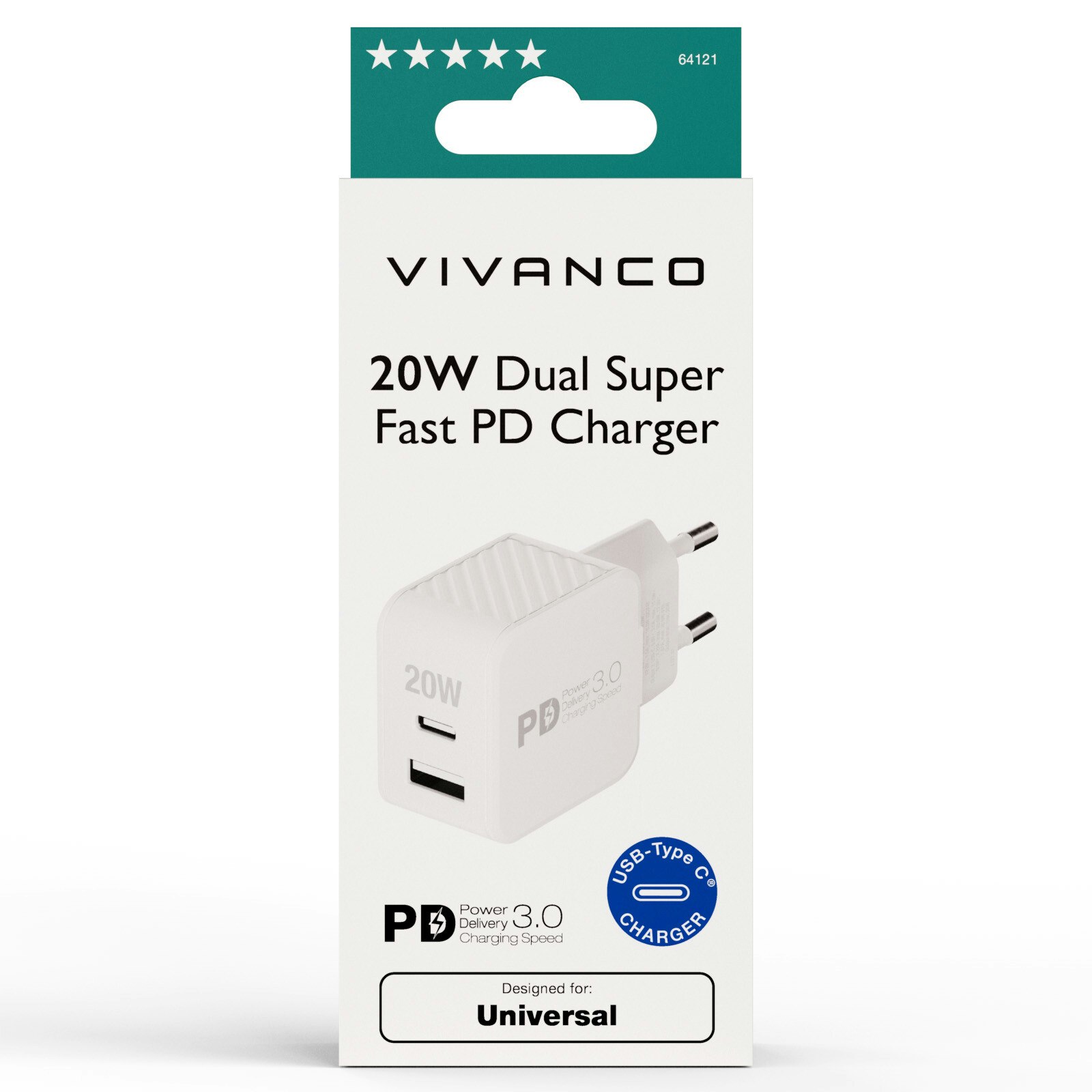 Vivanco Snabb 1xUSB-C PD / USB-A Hemladdare 20W Vit