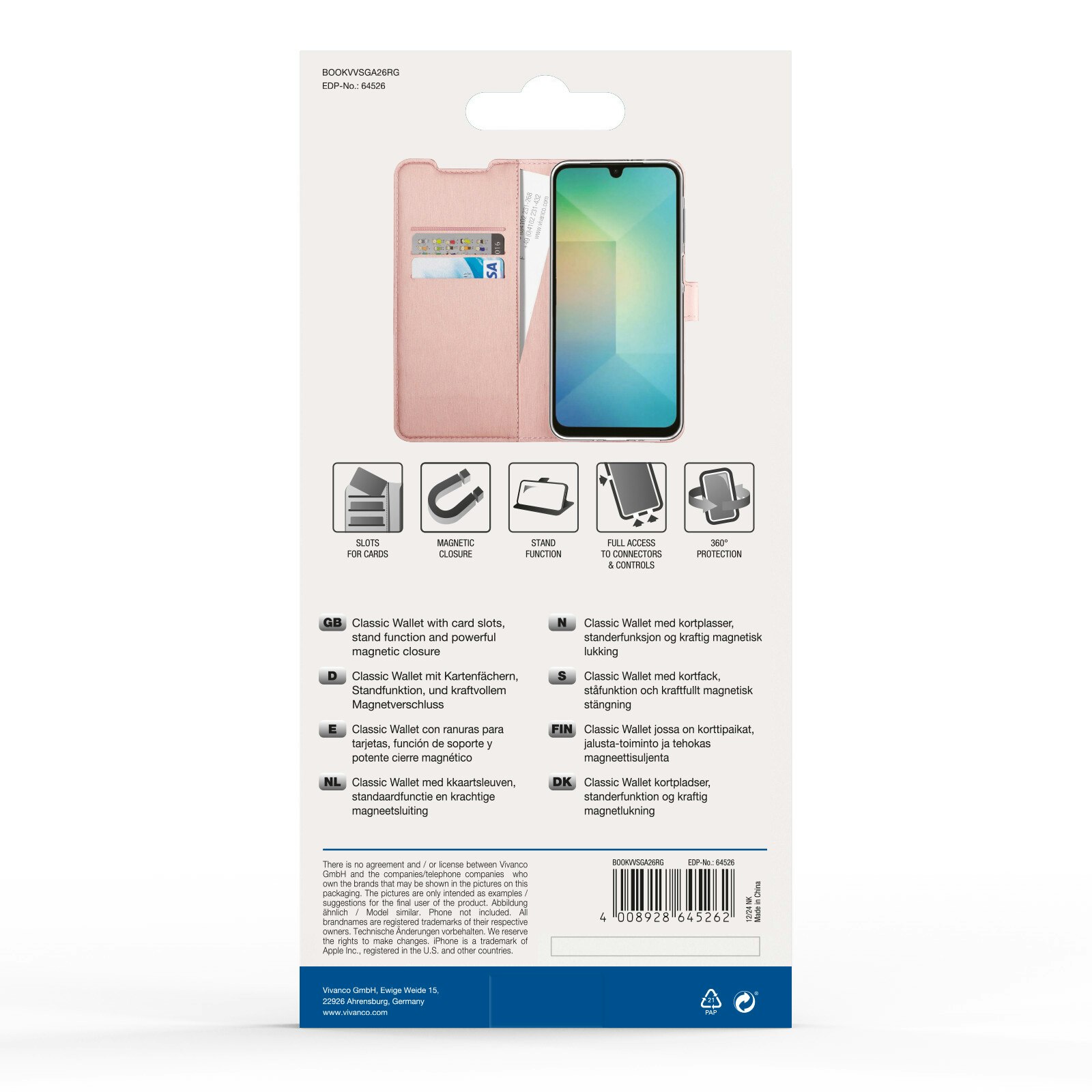 Vivanco Classic Plånboksfodral Samsung Galaxy A26 Rosa Guld
