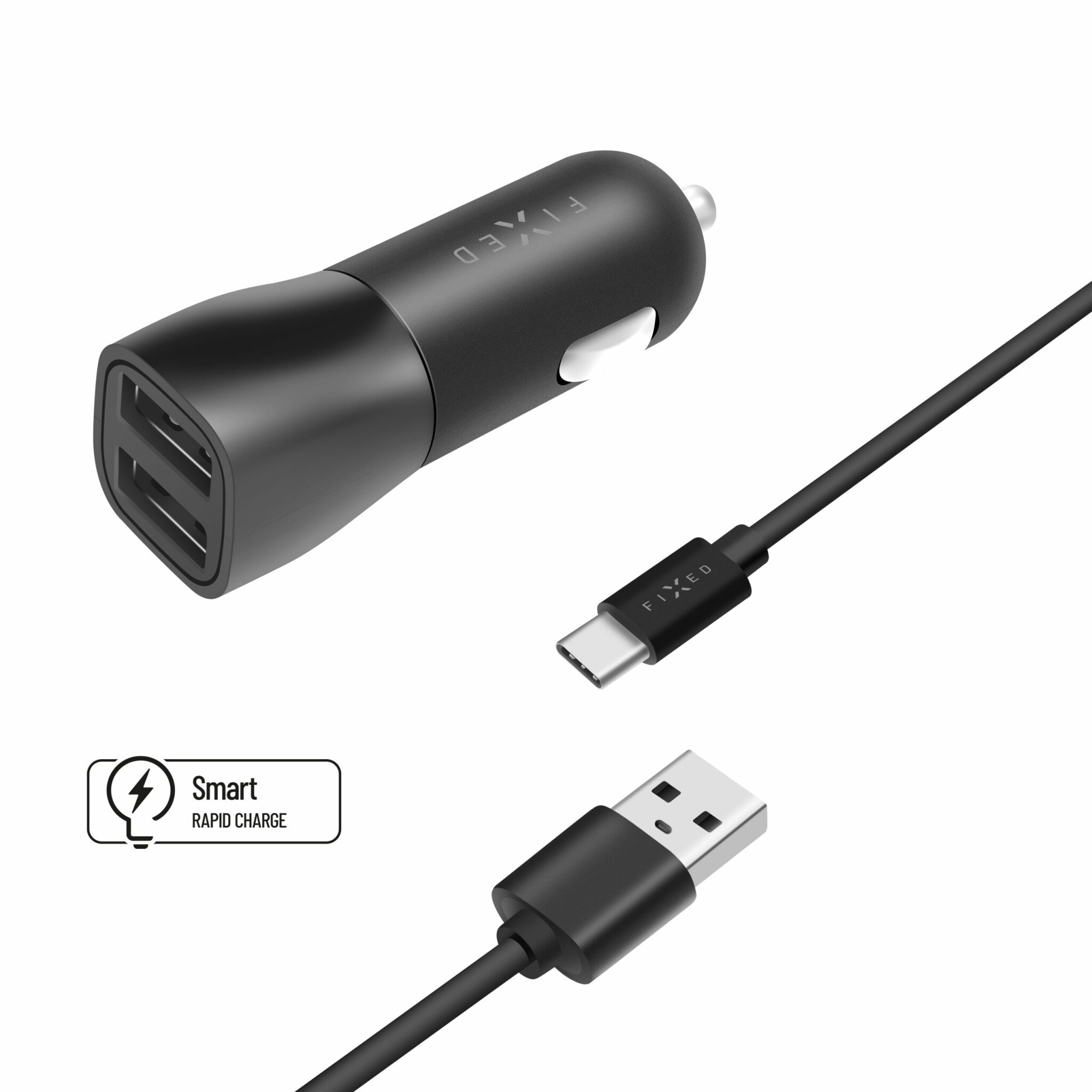 FIXED Billaddare 2x USB-A 15W/USB-C kabel 1m Svart