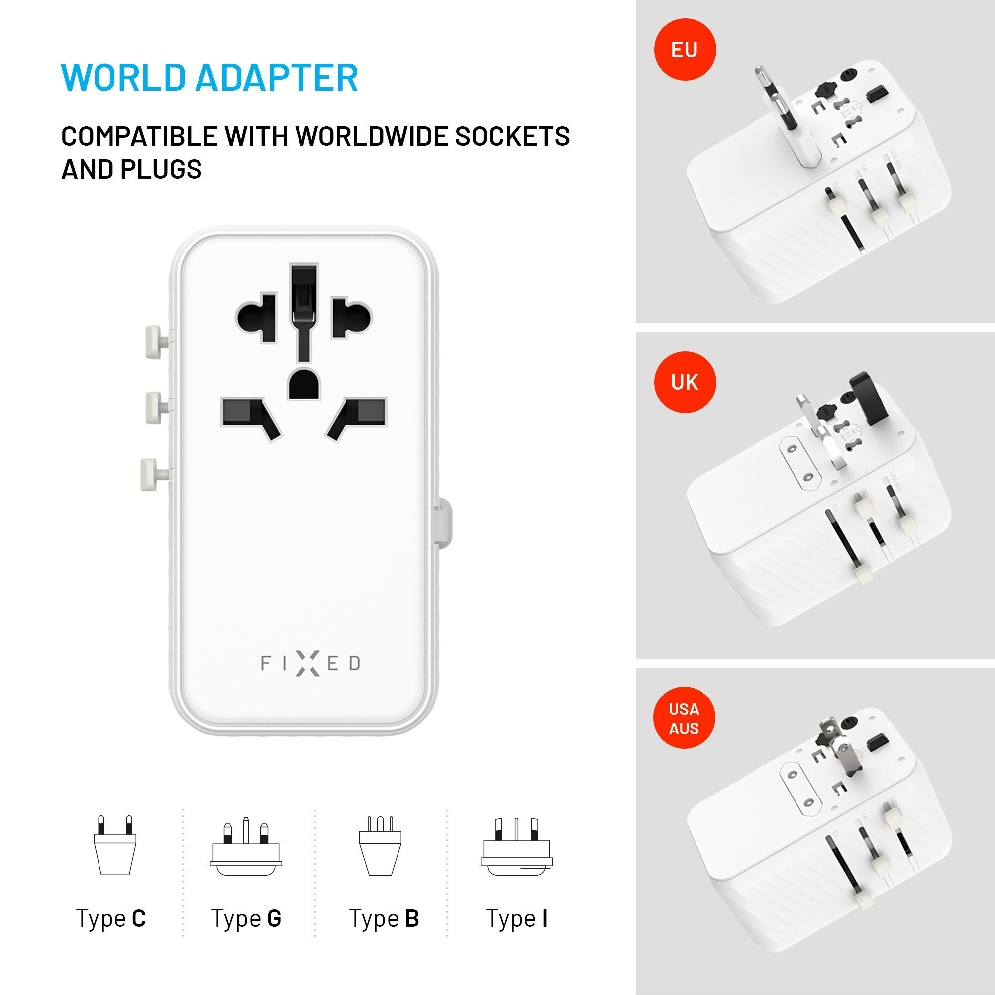 FIXED Reseadapter/laddare USB-C/-A 120W EU/UK/USA/AUS