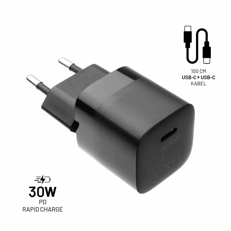 FIXED Super Snabb Hemladdare USB-C 30W + kabel 1m Svart