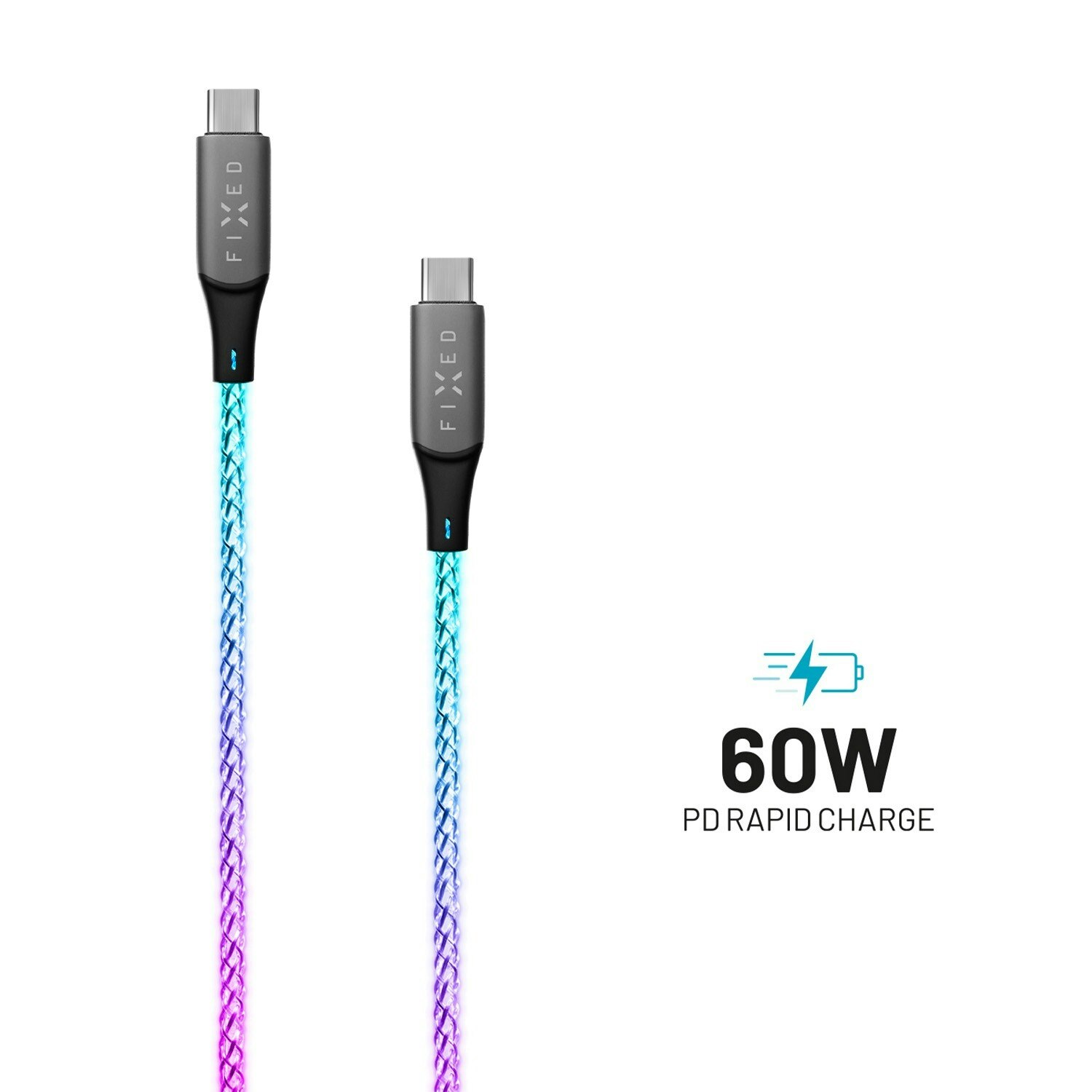 FIXED LED/Gaming USB-C/C 60W kabel 1.2m Flerfärgad