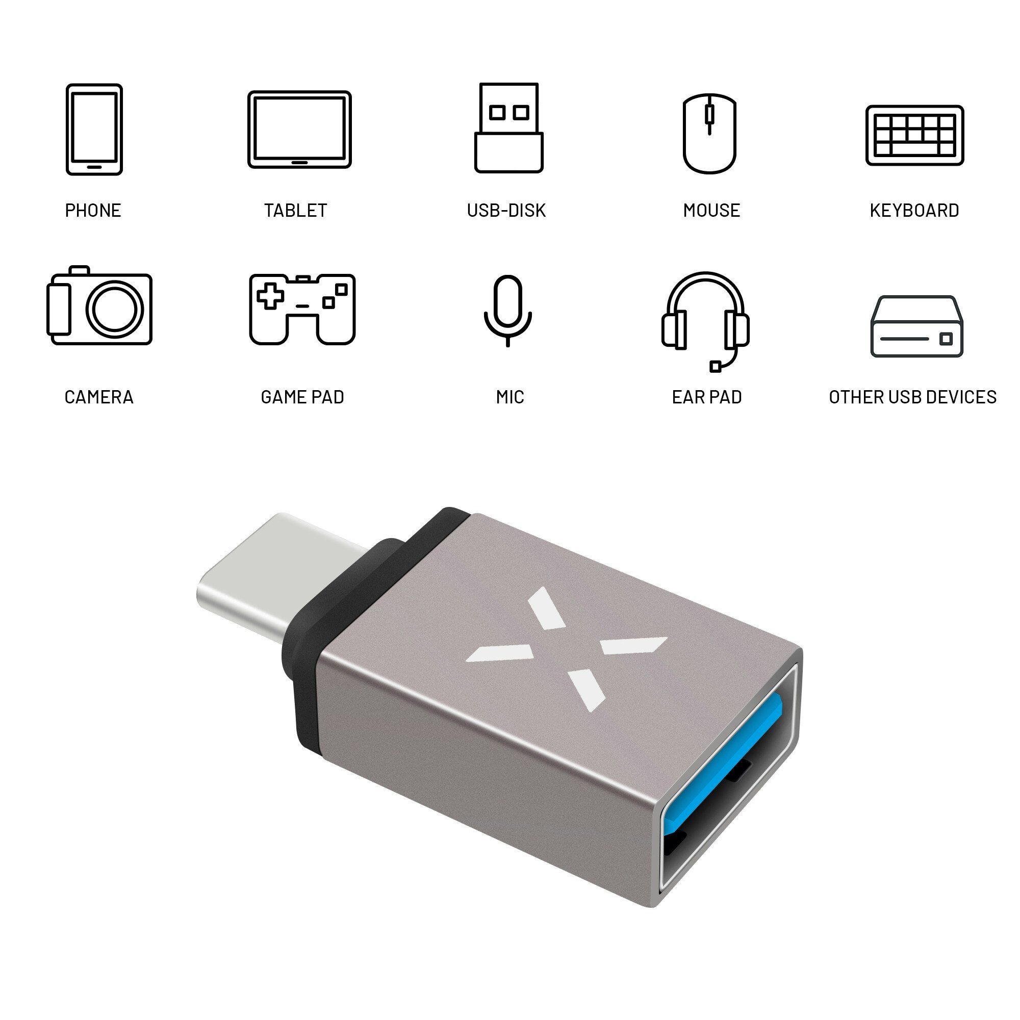 FIXED LINK USB-C Hane till USB-A Hona adapter Grå