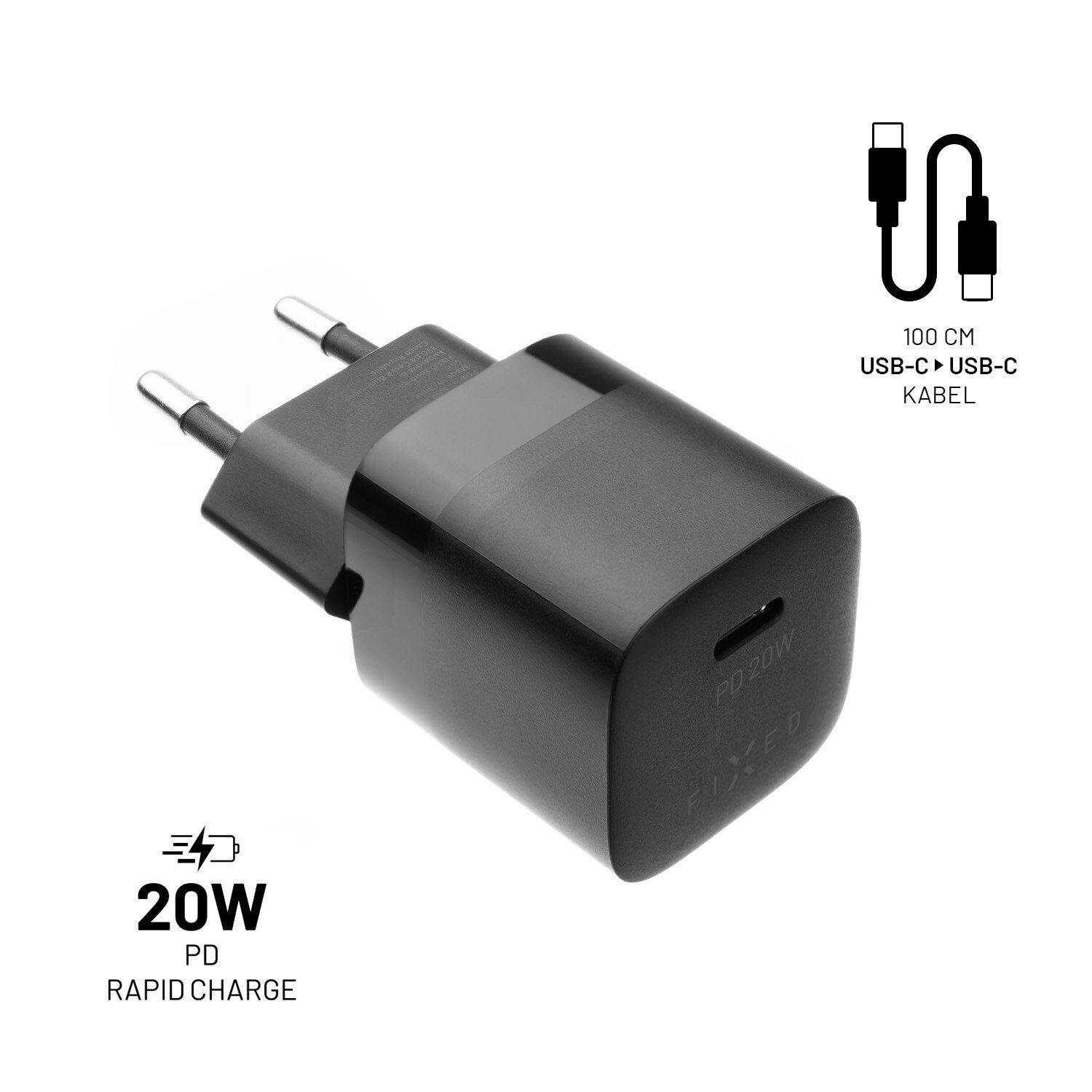 FIXED Snabb Hemladdare USB-C PD 20W+USB-C kabel 1m Svart
