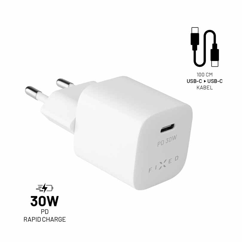 FIXED Super Snabb Hemladdare USB-C 30W + kabel 1m Vit