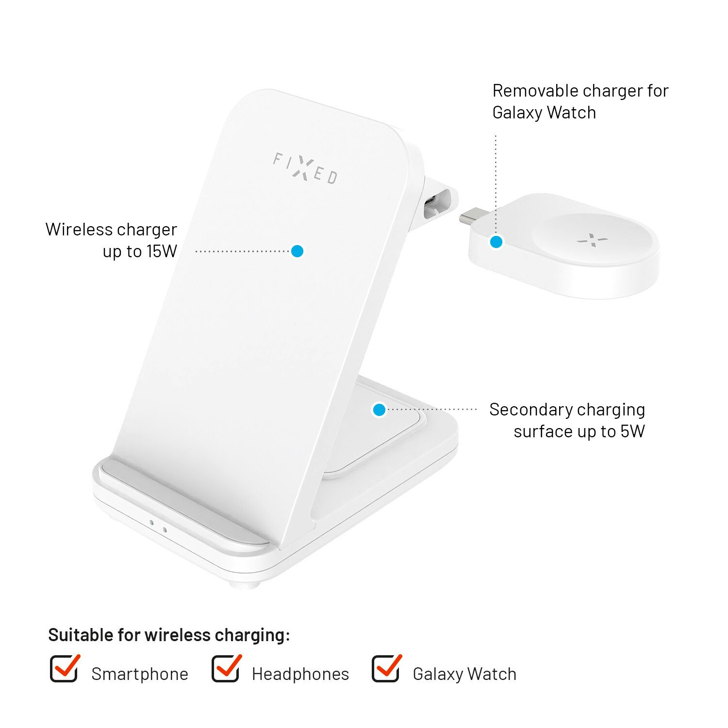 FIXED 3in1 Trådlös Laddstation för Samsung Vit