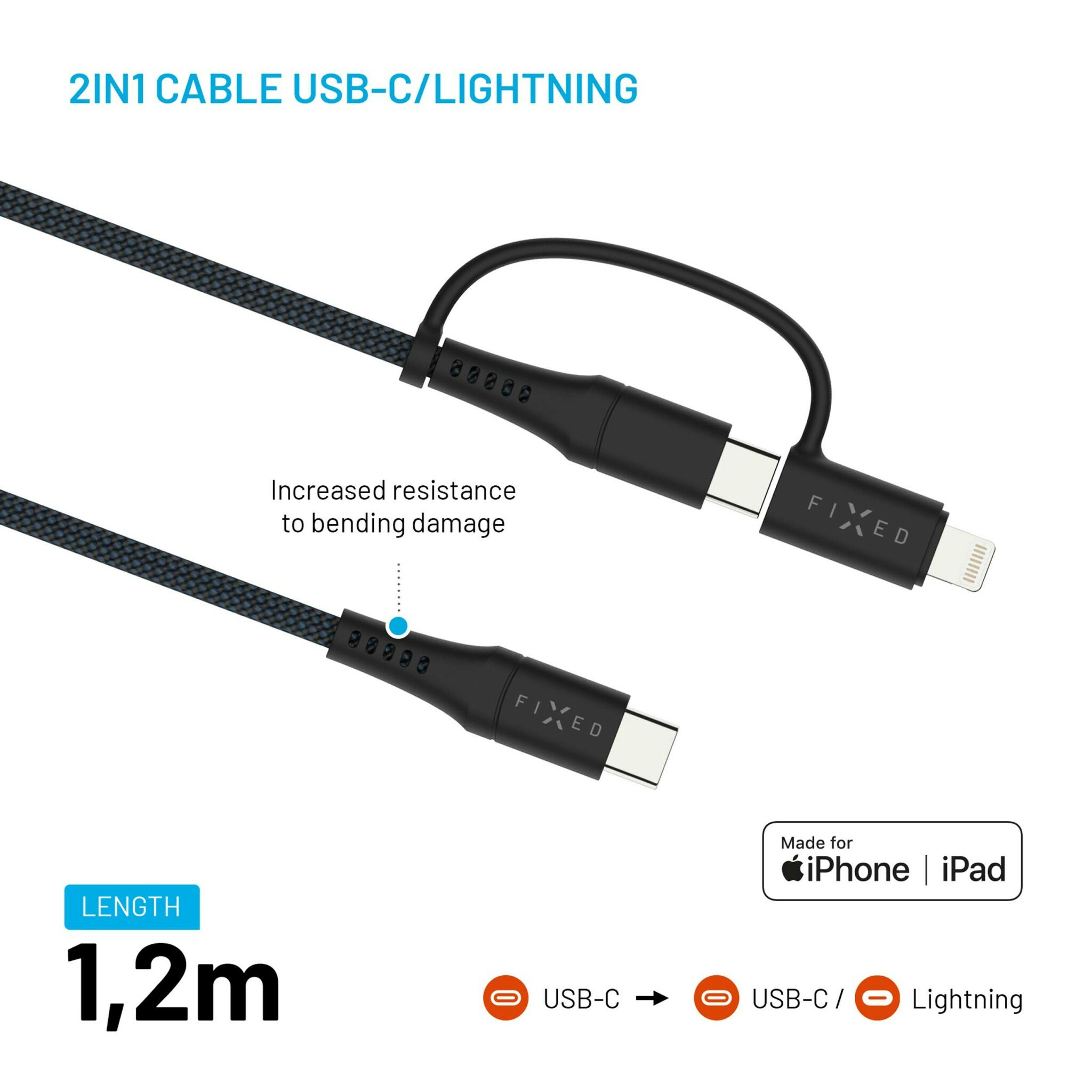 FIXED 2in1 Combo 60W USB-C/Lightning kabel 1.2m Svart