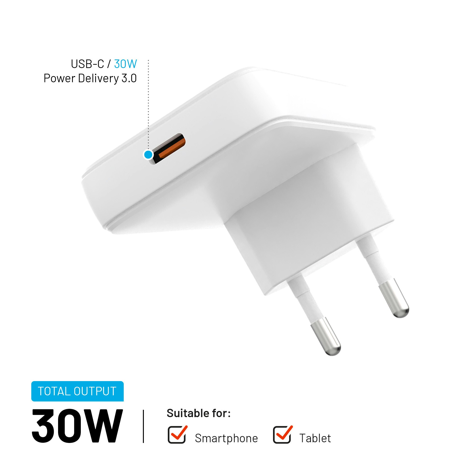 FIXED Slim GaN 90 Super Snabb 1x USB-C laddare 30W Vit