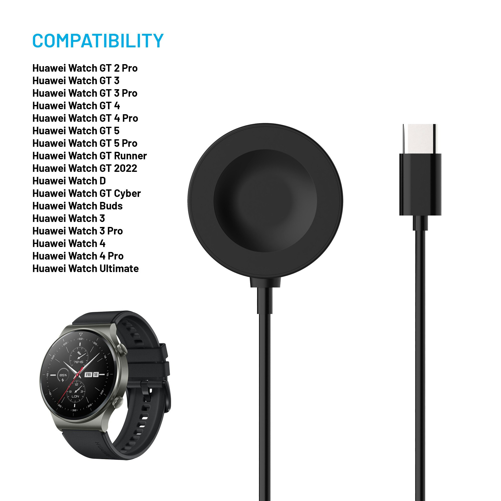 FIXED USB-C Laddningskabel Huawei Watch GT-serien Svart