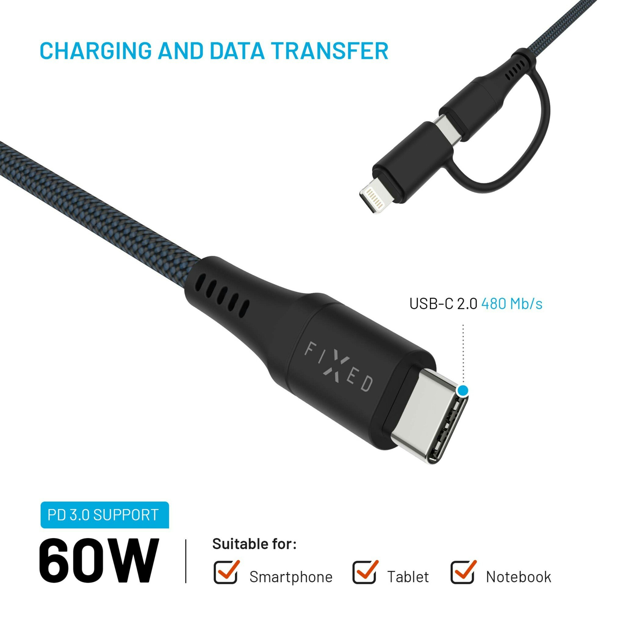 FIXED 2in1 Combo 60W USB-C/Lightning kabel 2m Svart