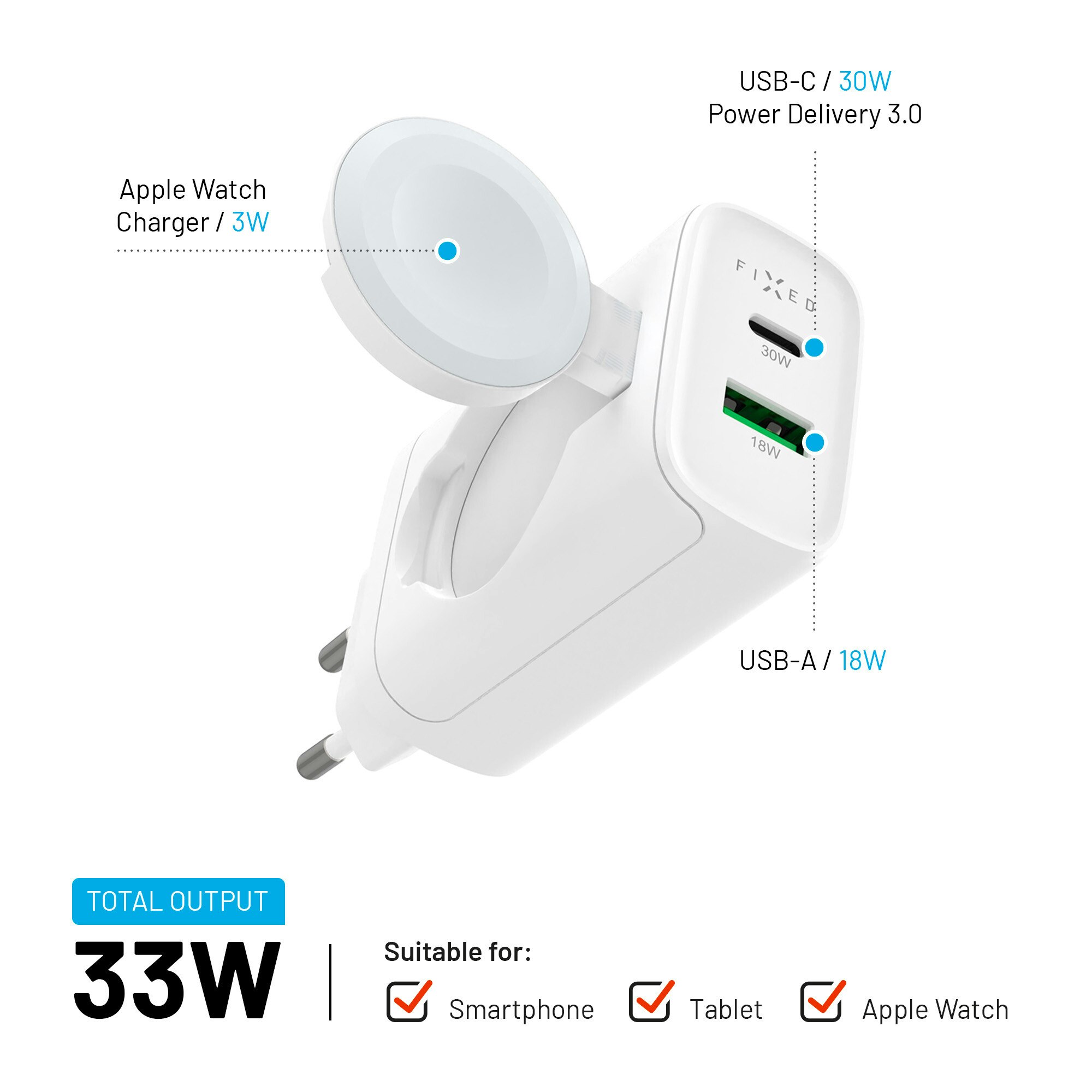 FIXED MagFlip USB-C-laddare 33W Apple Watch/USB-C/-A