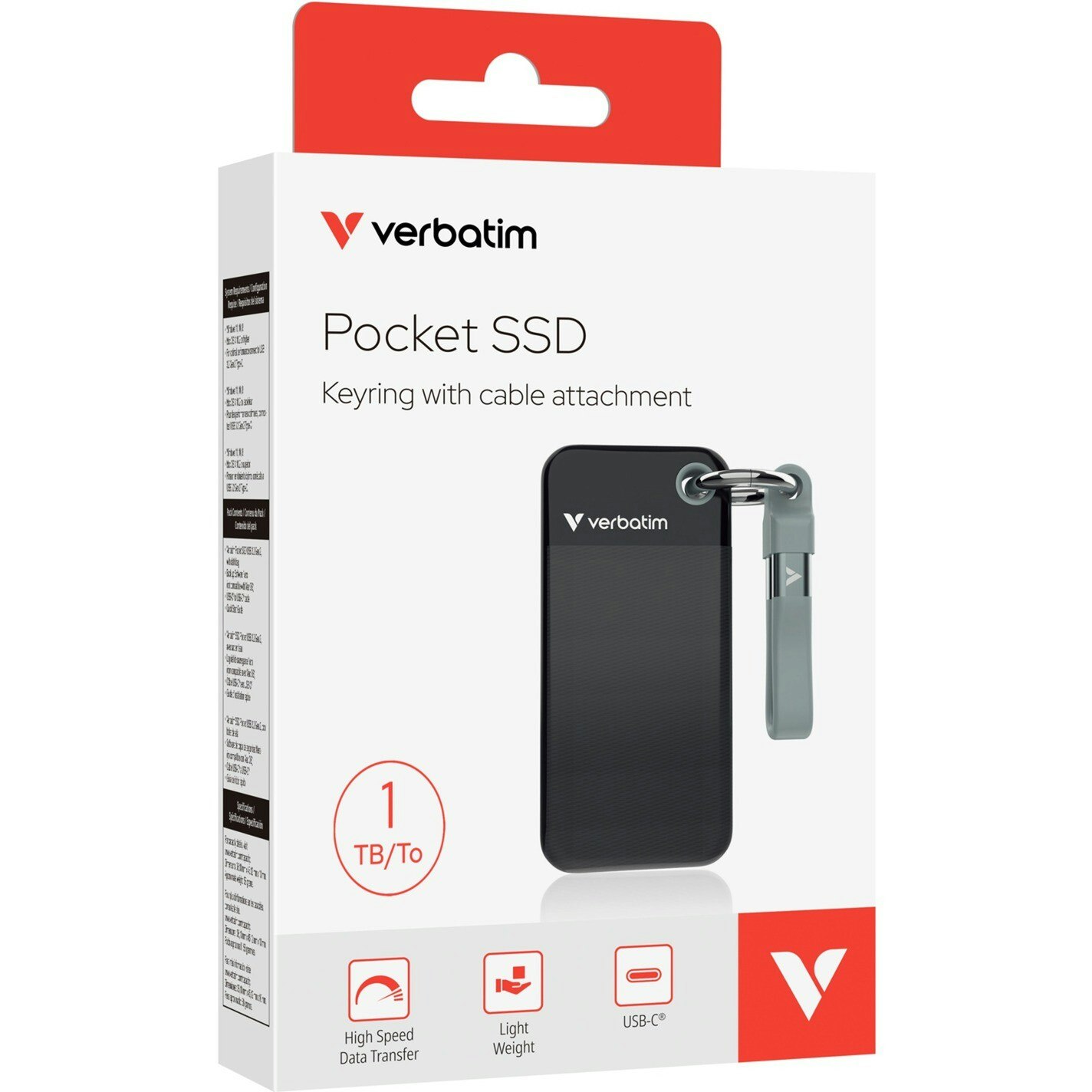 Verbatim Pocket SSD 1 TB, External SSD (black/grey, USB-C 3.2 Gen 2 (10 Gbit/s), with key ring and cable holder)