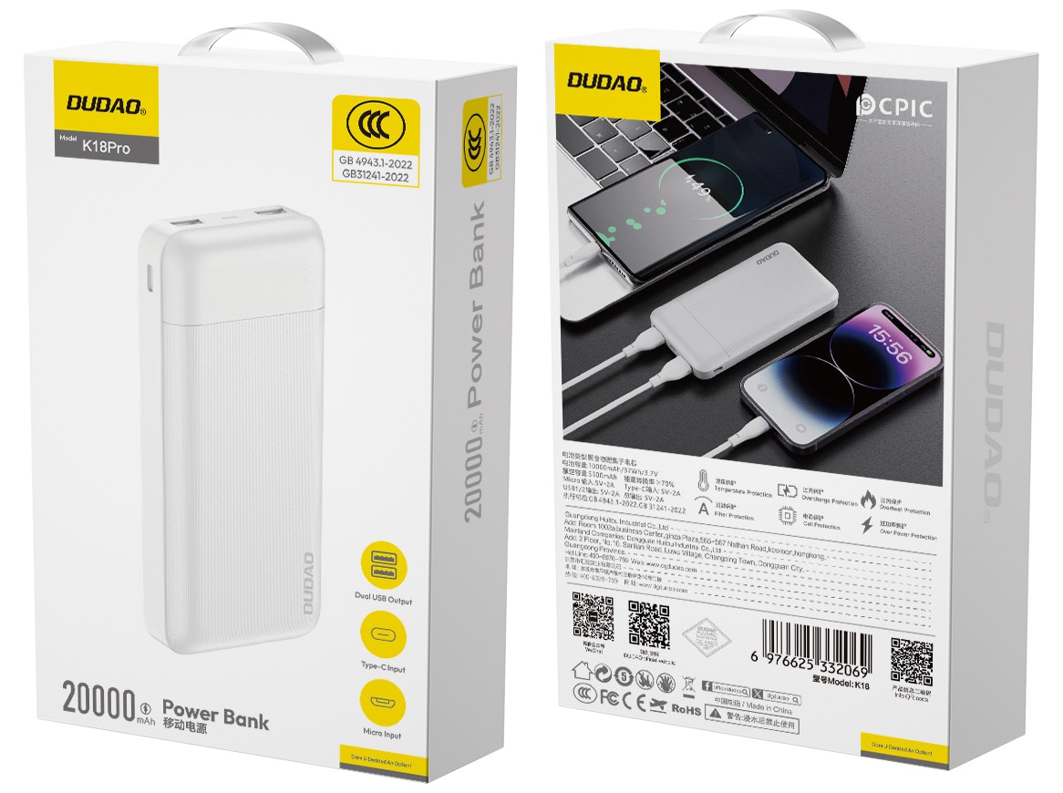Dudao K18Pro Powerbank 20 000 mAh 10W USB-A & USB-C Vit
