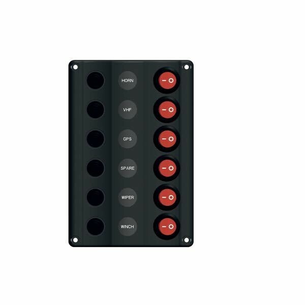 ”Wave” elpanel med 6 kontakter LED och automatsäkring, 12V