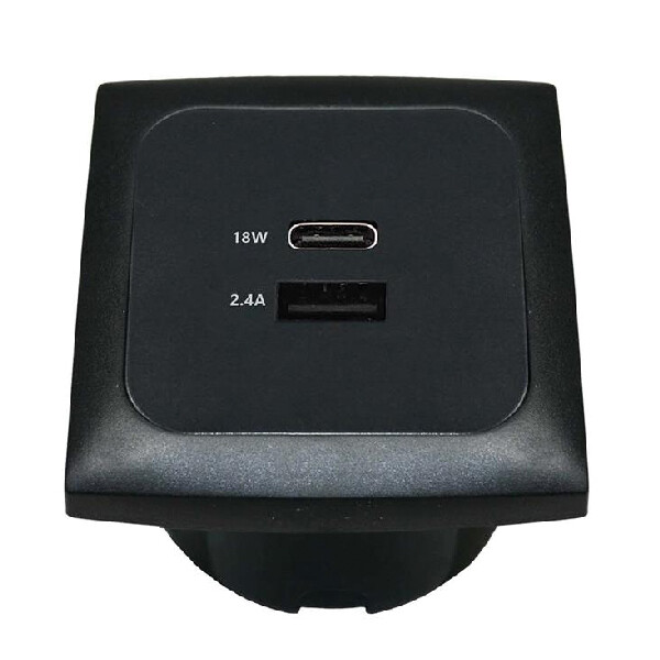 Inbyggd kontakt 12/24V USB-A och USB-C, svart