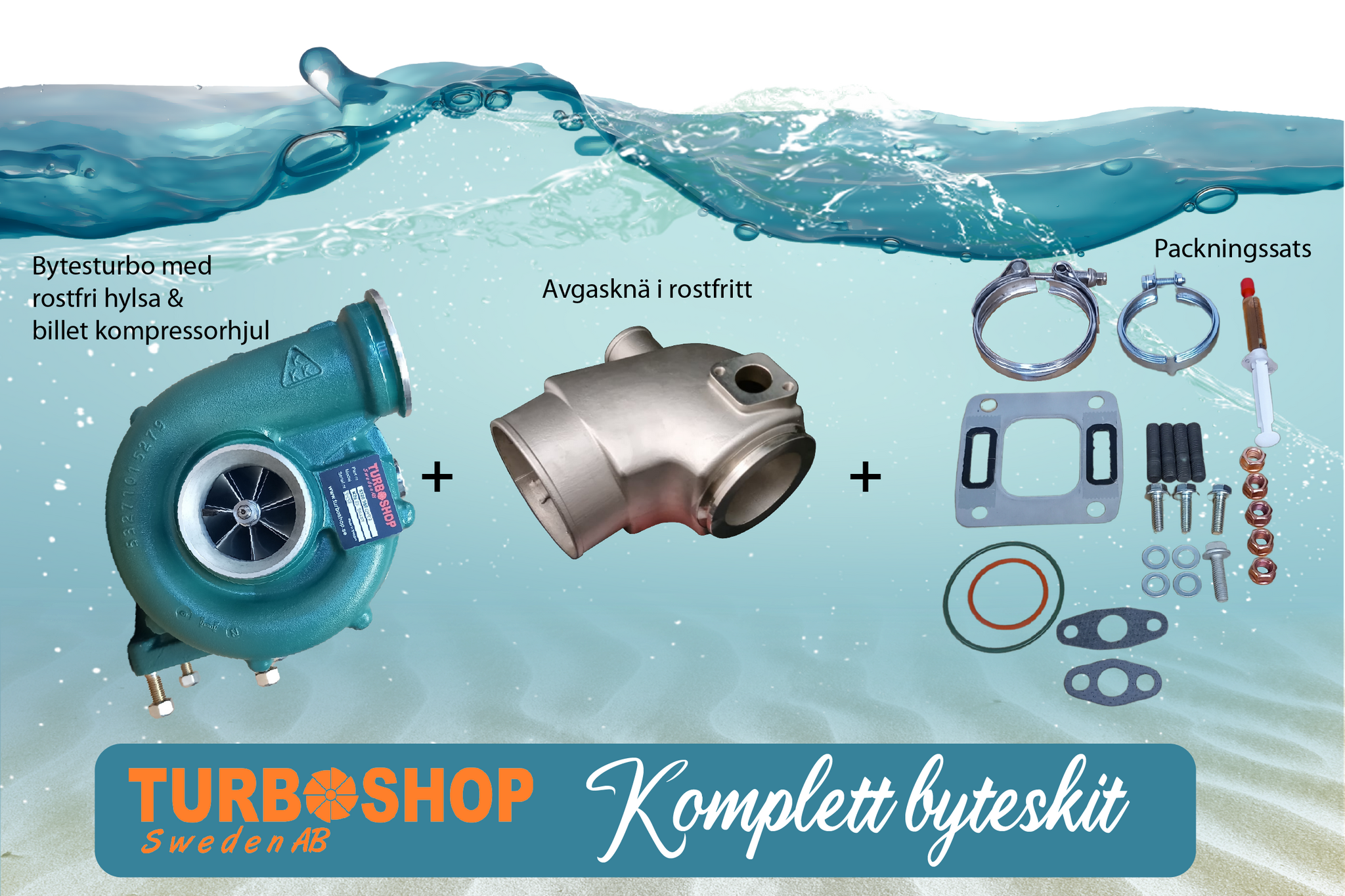 Volvo Penta komplett byteskit KAD43 / KAD44 Billet upgrade turbo 53269886750, RF Hylsa, Billet + avgasknä, avgasklämma & packningssats