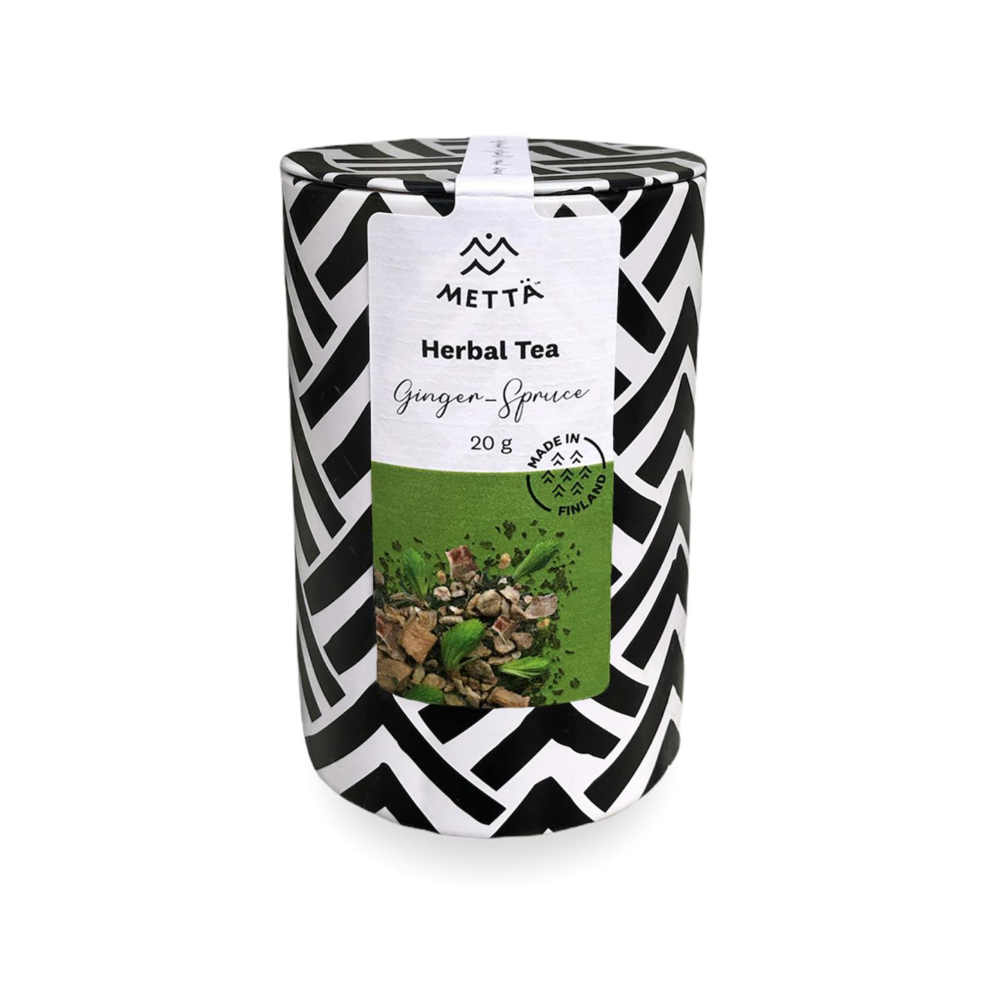 Tin of forest tea, wild nordic tea, Finnish forests, spruce shoots, ginger tea, blackcurrant leaf tea