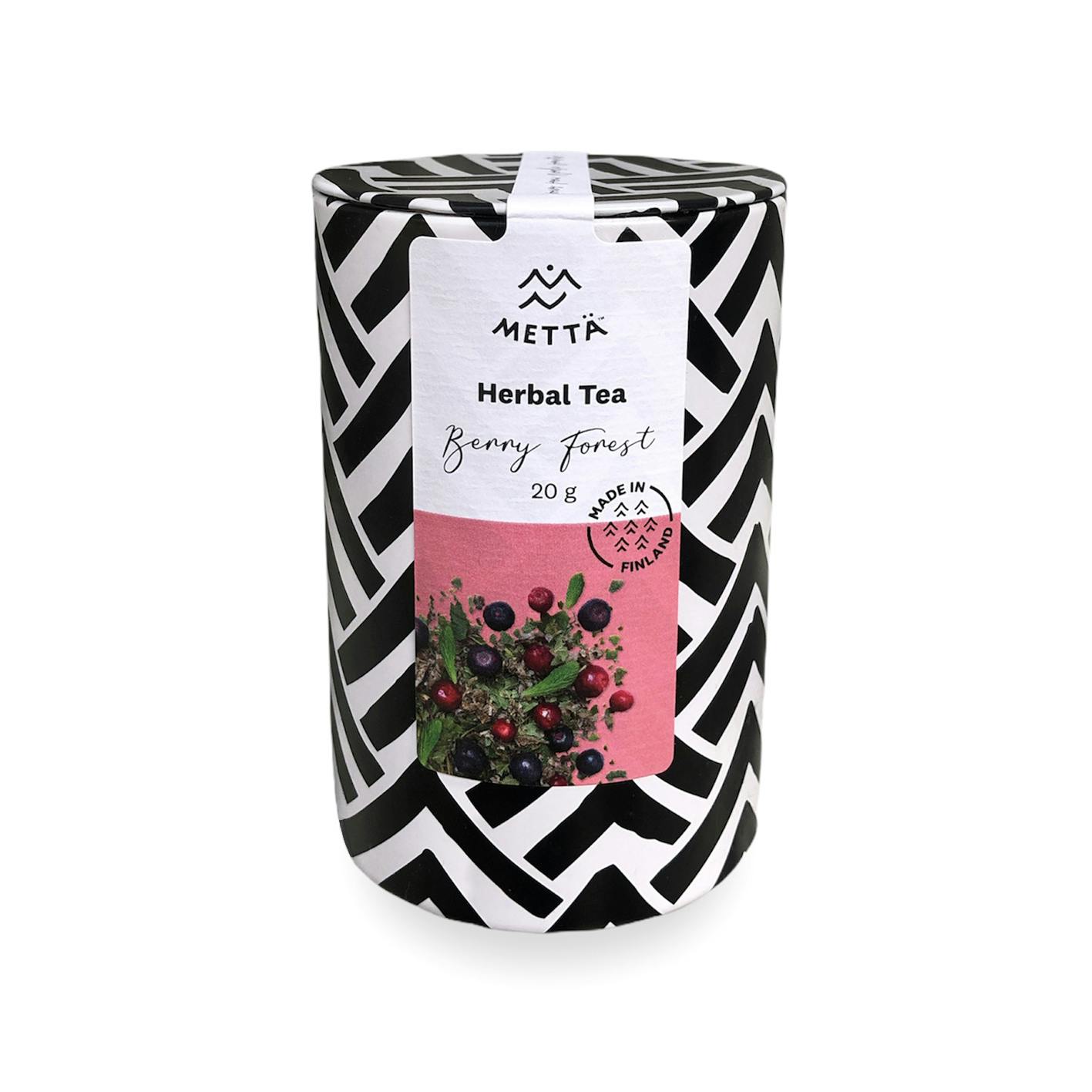Tin of berry tea, wild nordic berries, Finnish forests, spruce shoots, blackcurrant leaf tea