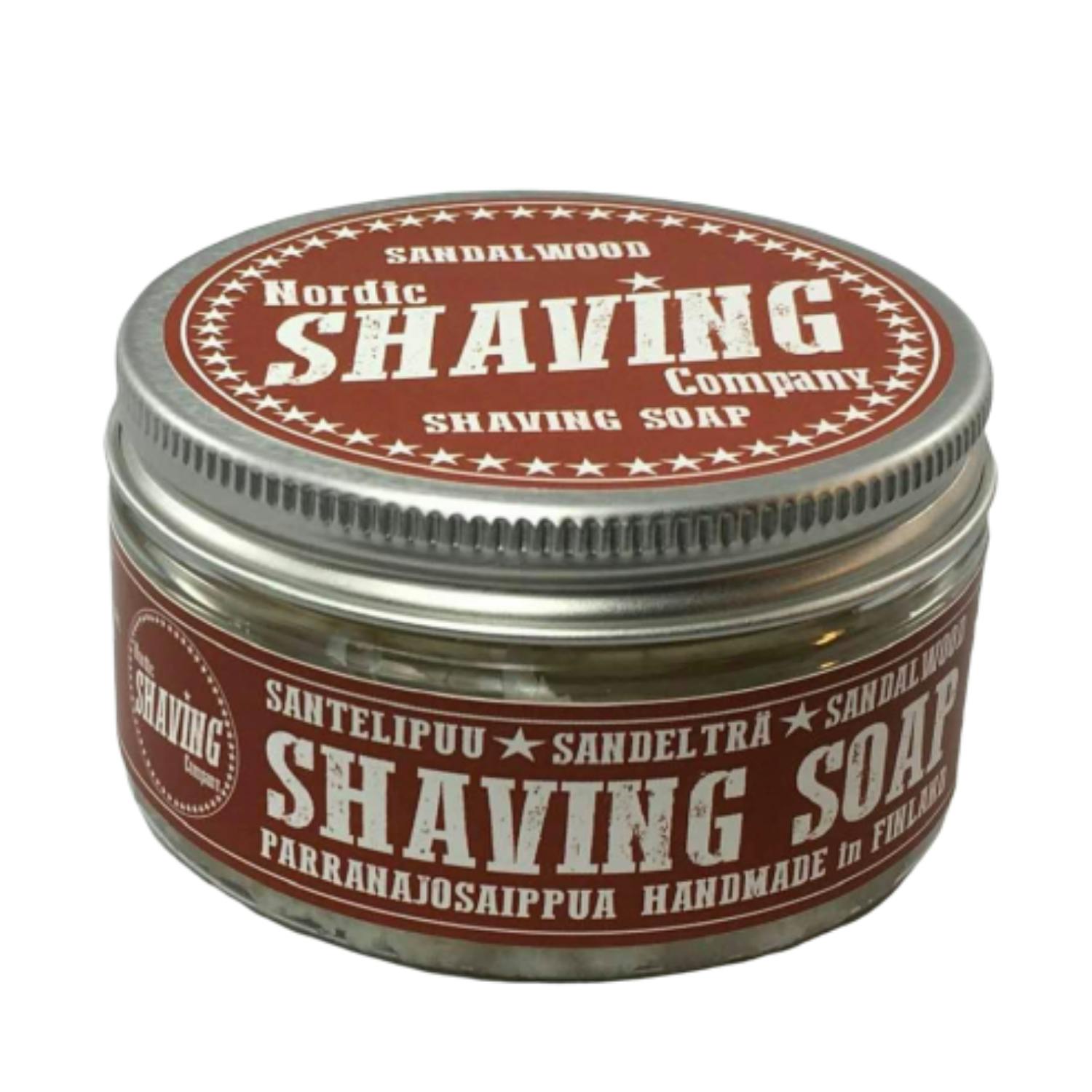 Stylish gift for men in this retro tin of natural shaving soap for wet shaving, with sandalwood