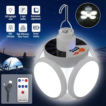 Campinglampa Deluxe - Solcell - USB - Vikbar -