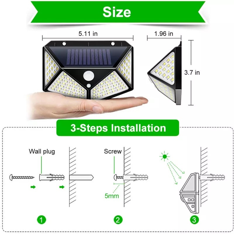 Utebelysning - Solceller - Rörelsesensor - 100 Led 60 W -