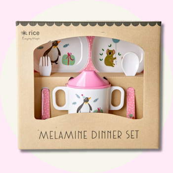 Babymiddagset i Presentförpackning - Party Animal- Rosa - Set 4 - Rice Melamin