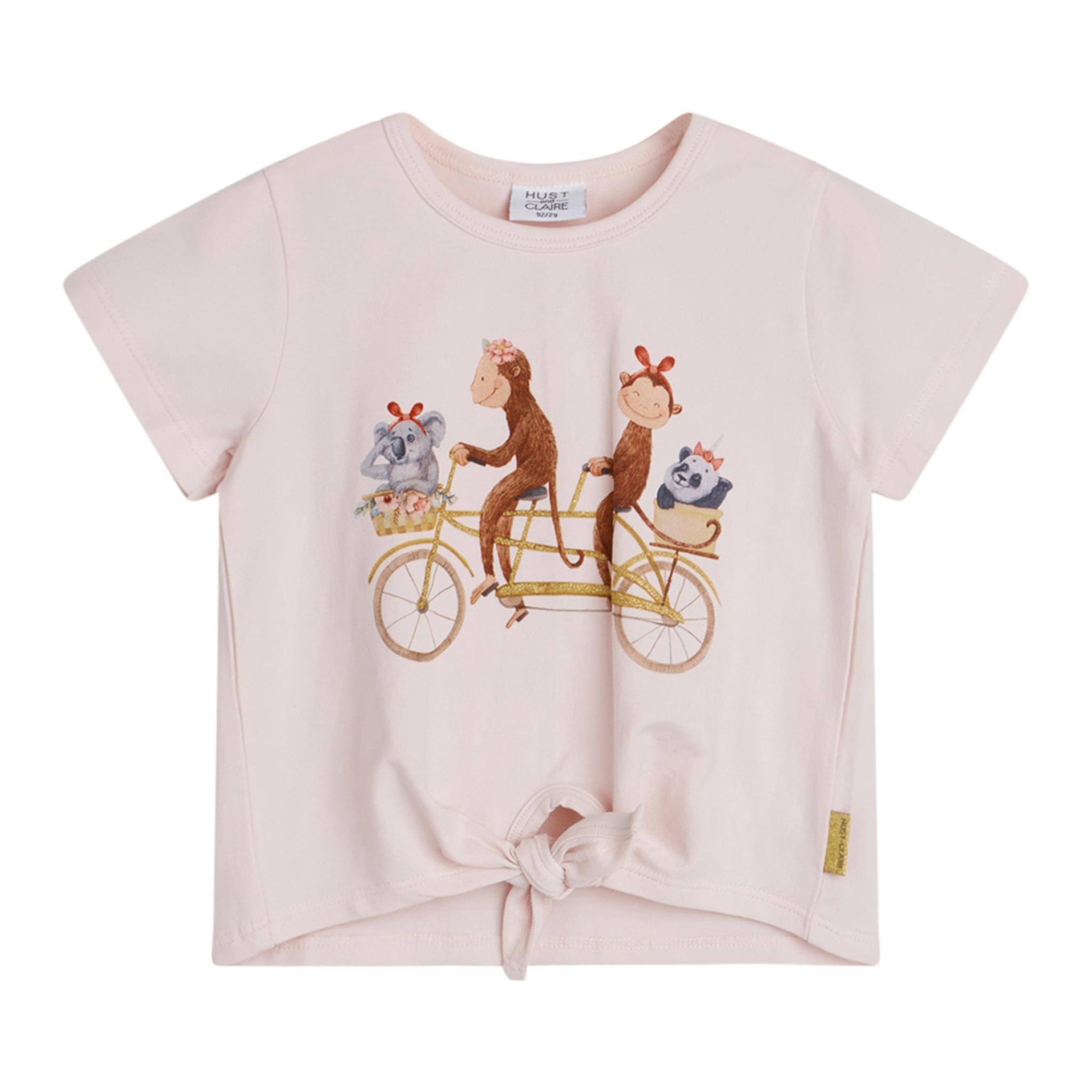 T-shirt med knyt i midjan och gulligt mönster med cyklande apor från Hust & Claire.