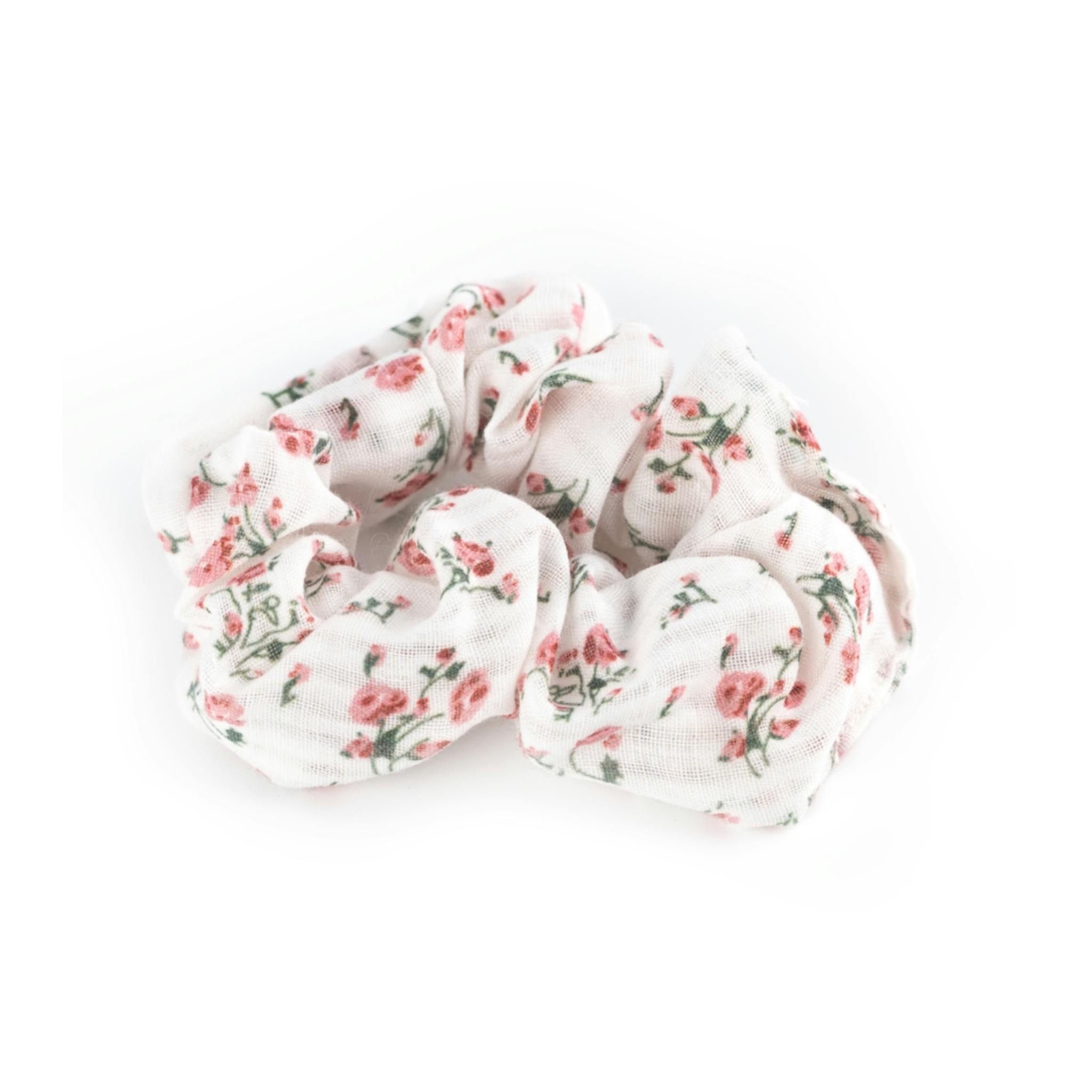 Scrunchie - vit med rosa blommor
