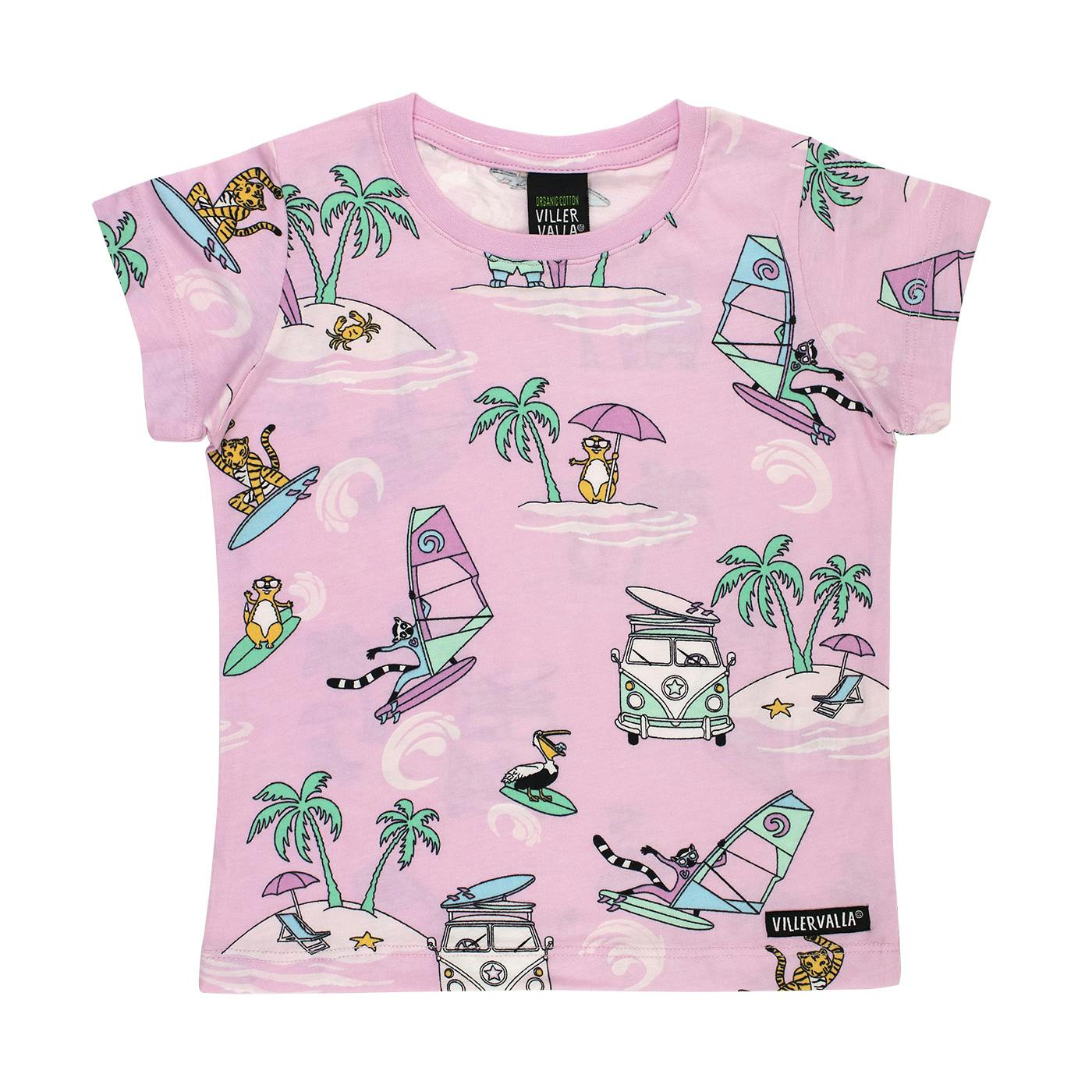 Villervalla rosa t-shirt med ett coolt surfingtryck.