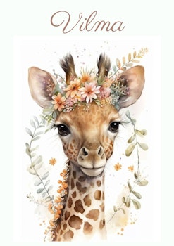 Namntavla - Giraff med blommor