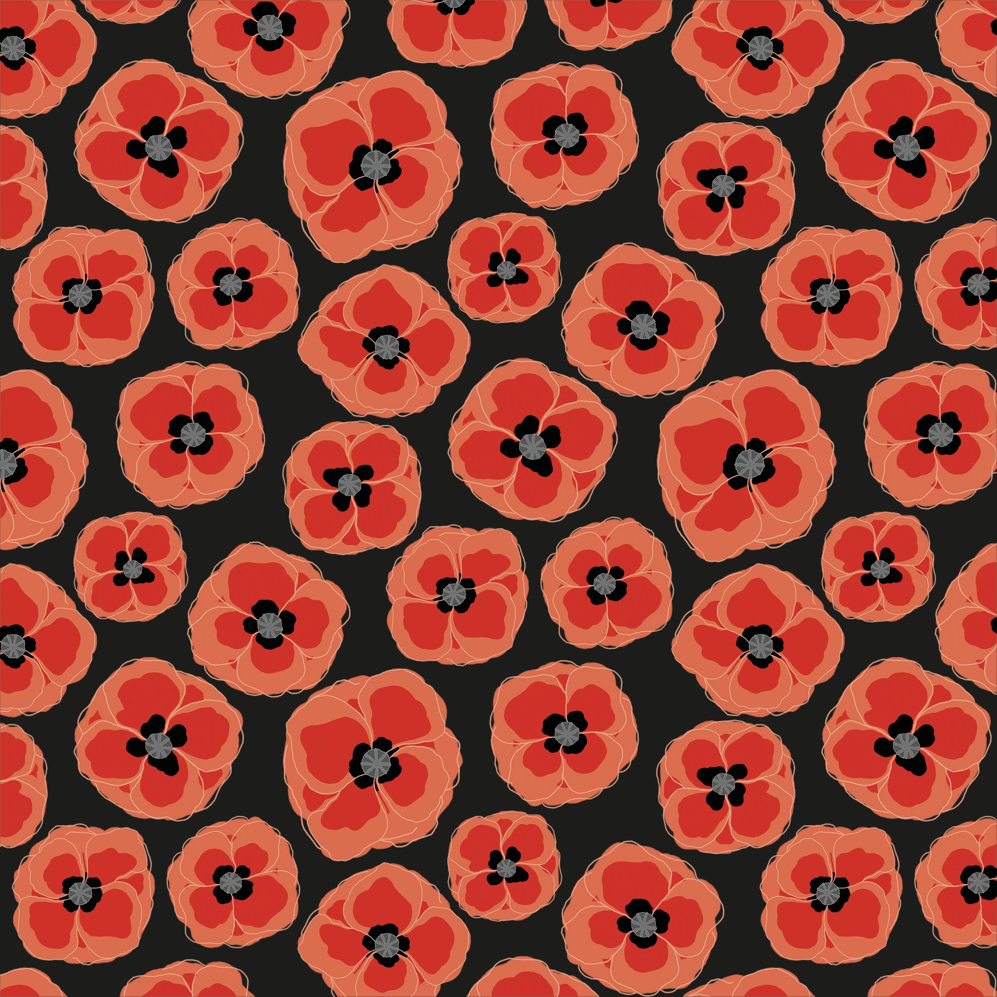 mönstret red n grey poppies på svart på cirka en kvadratmeter tyg