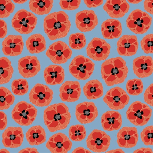 mönstret red n grey poppies på blå på cirka en kvadratmeter tyg