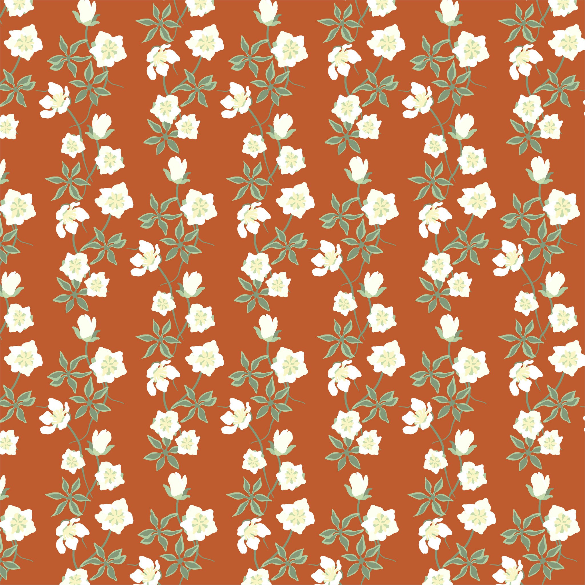 Helleborus julblommor julros orange rost stugvärme textildesign hållbart bomull gots textil tyg vinter